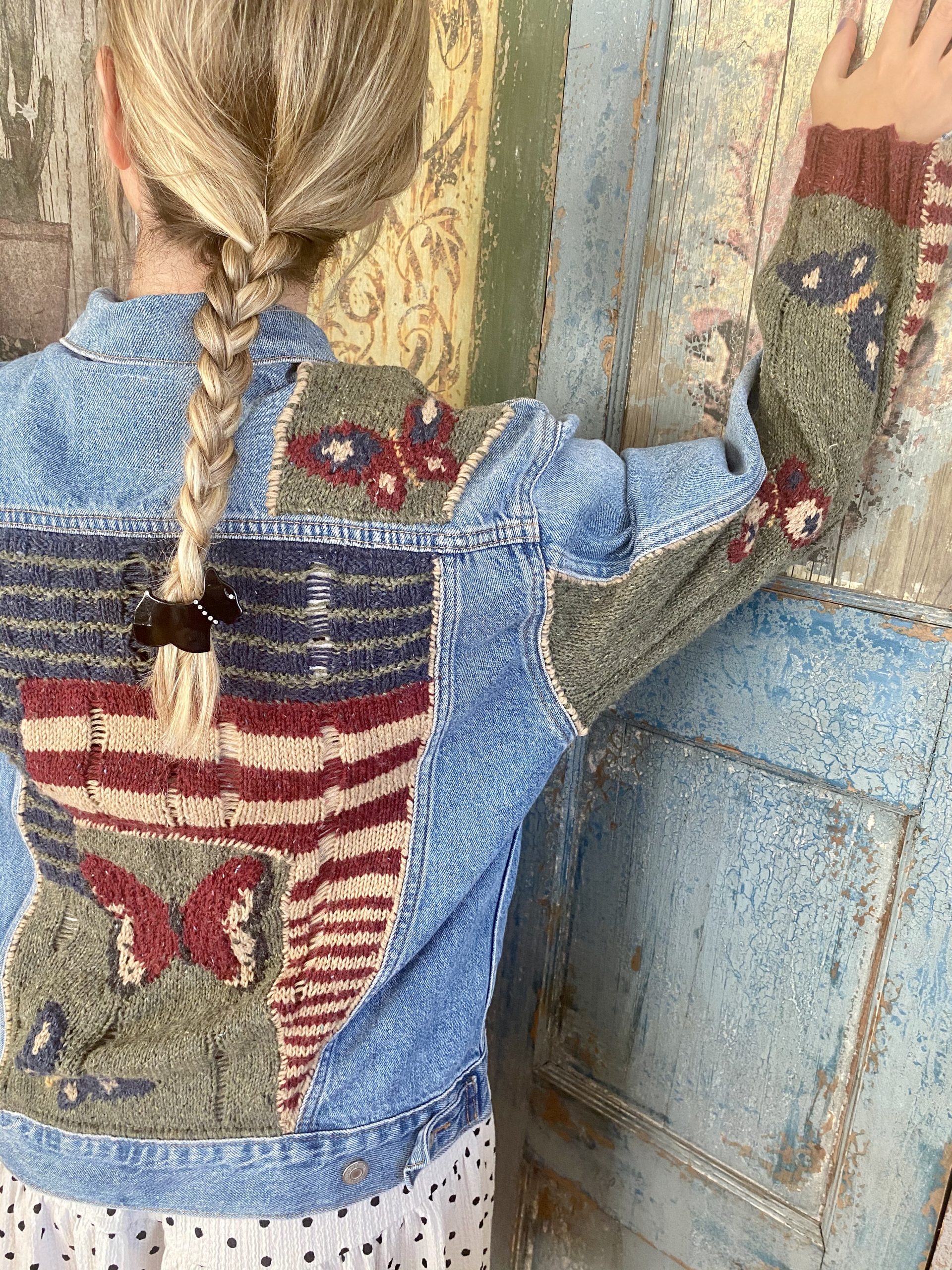 El Örgüsü Kelebekli Patchwork Yün Tasarım Kot Ceket Mont
