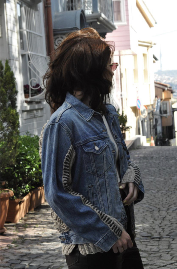 kadın portreli el örgüsü levis kot ceket mont