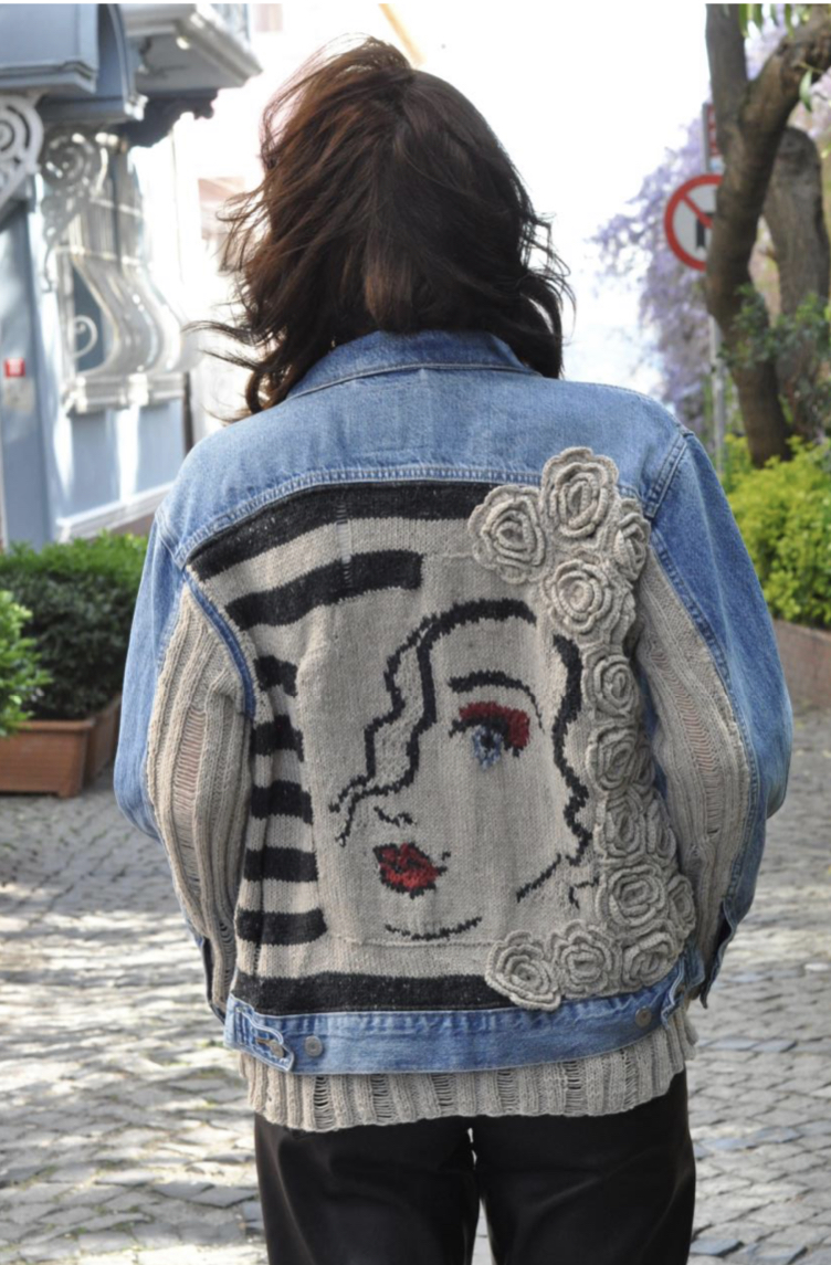 kadın portreli el örgüsü levis kot ceket mont