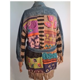 El Örgüsü Çiçekli Patchwork Yün Tasarım Uzun Kot Ceket Mont