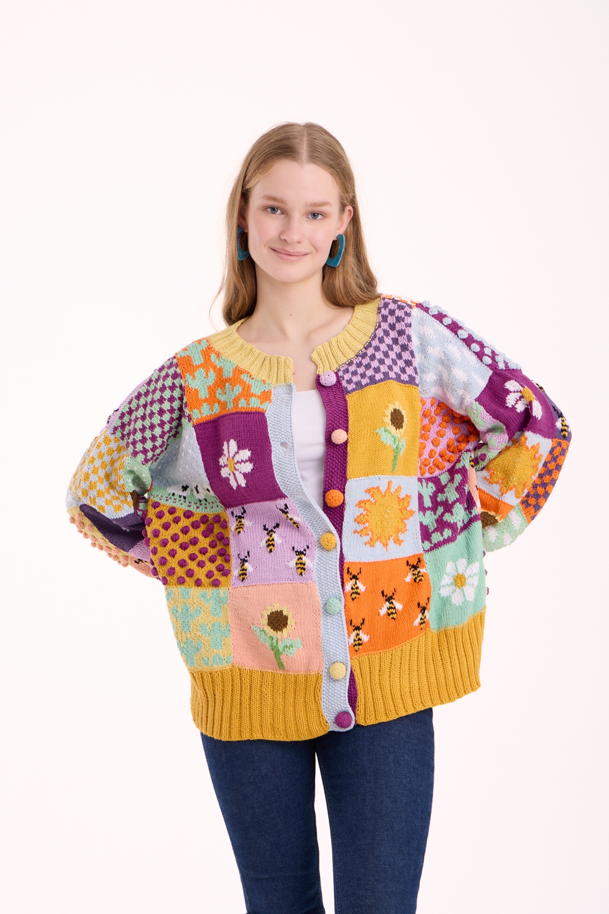 El Örgüsü Koton Patchwork Oversize Renkli Tasarım Hırka