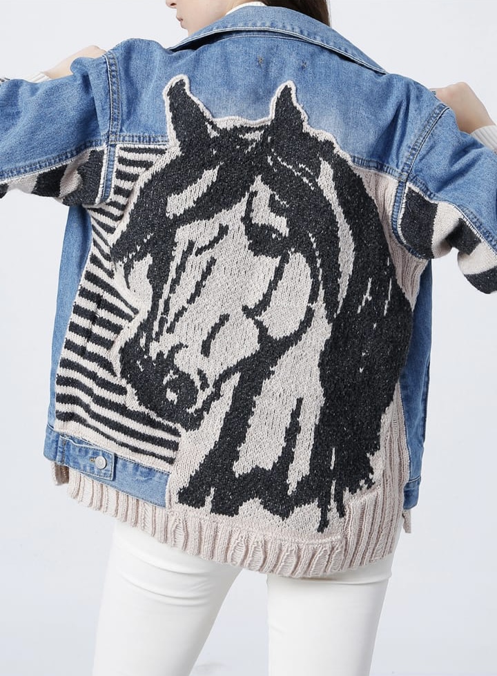 El Örgüsü At Figürlü Patchwork Yün Tasarım Kot Ceket Mont