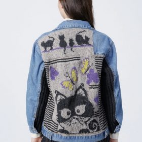 El Örgüsü Renkli Kedili Patchwork Yün Tasarım Kot Ceket Mont