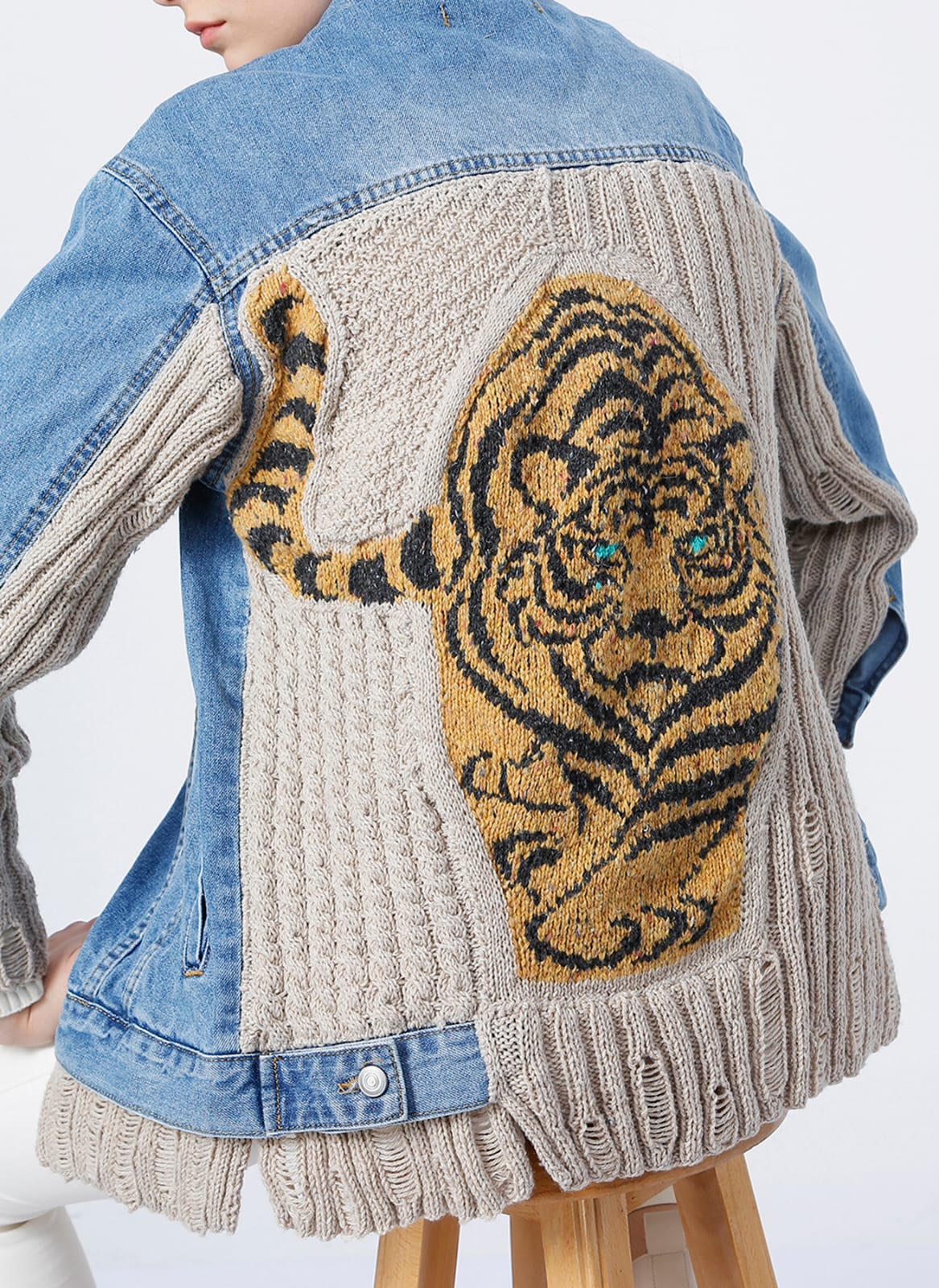 El Örgüsü Kaplanlı Patchwork Yün Tasarım Kot Ceket Mont