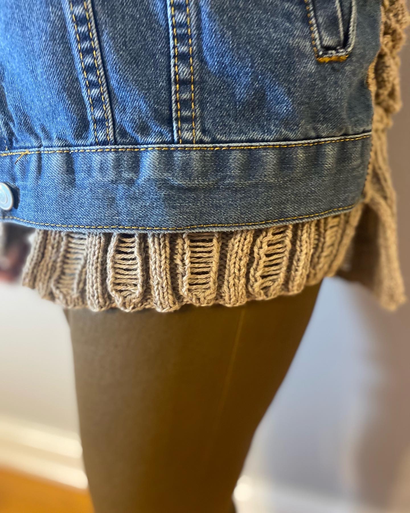 5ADE9959-2D5A-44DD-AC5B-08907DE72313.Handknit Patchwork denim jean jacket with owl