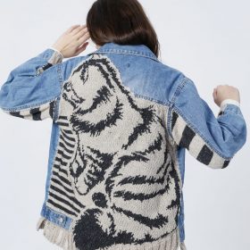 El Örgüsü Kedi Figürlü Patchwork Yün Tasarım Kot Ceket Mont