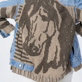 El Örgüsü At Figürlü Kahverengi Patchwork Yün Tasarım Kot Ceket Mont