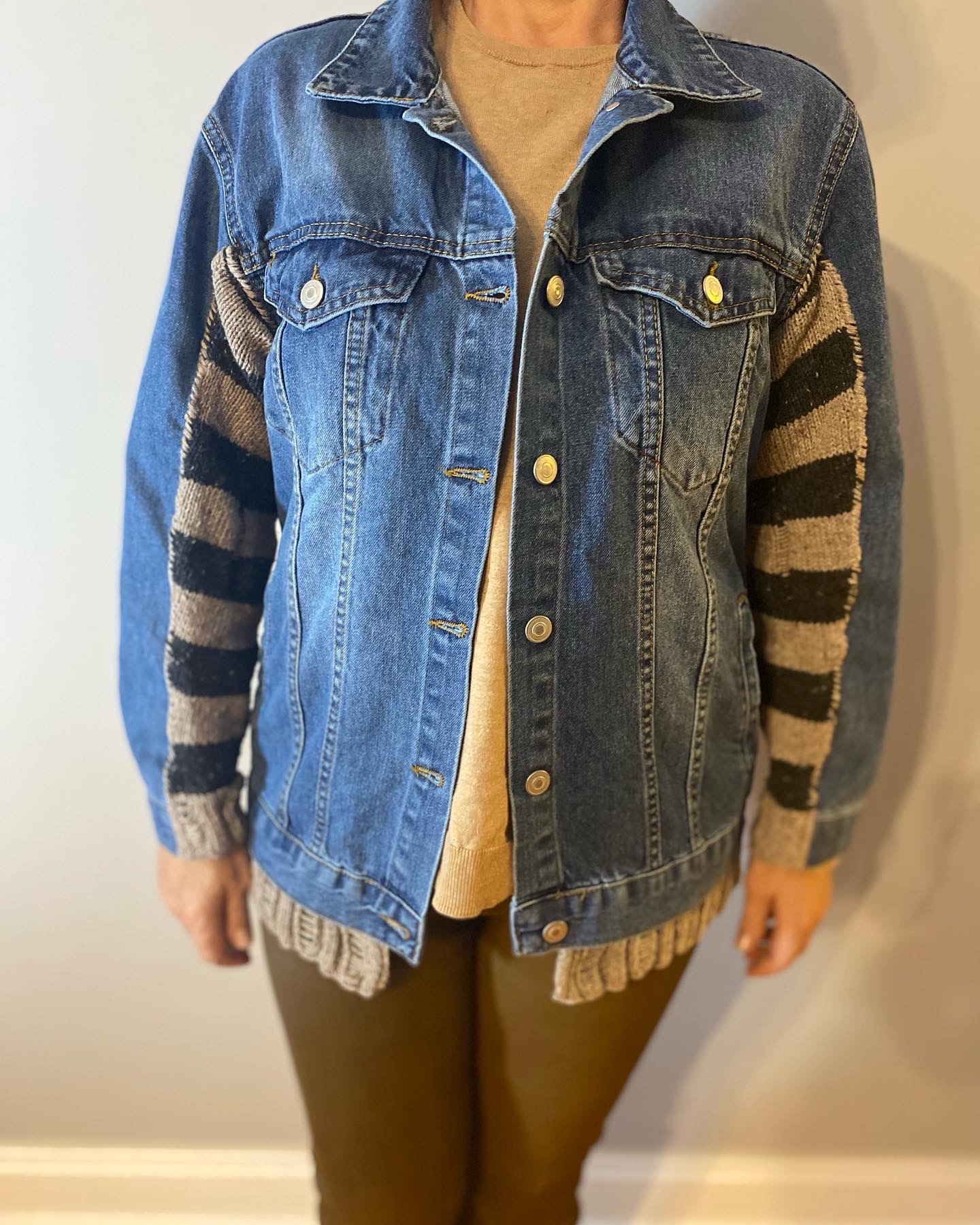 98AE68A4-70D5-4FB2-9124-D9B014058100.Handknit Patchwork denim jean jacket with owl