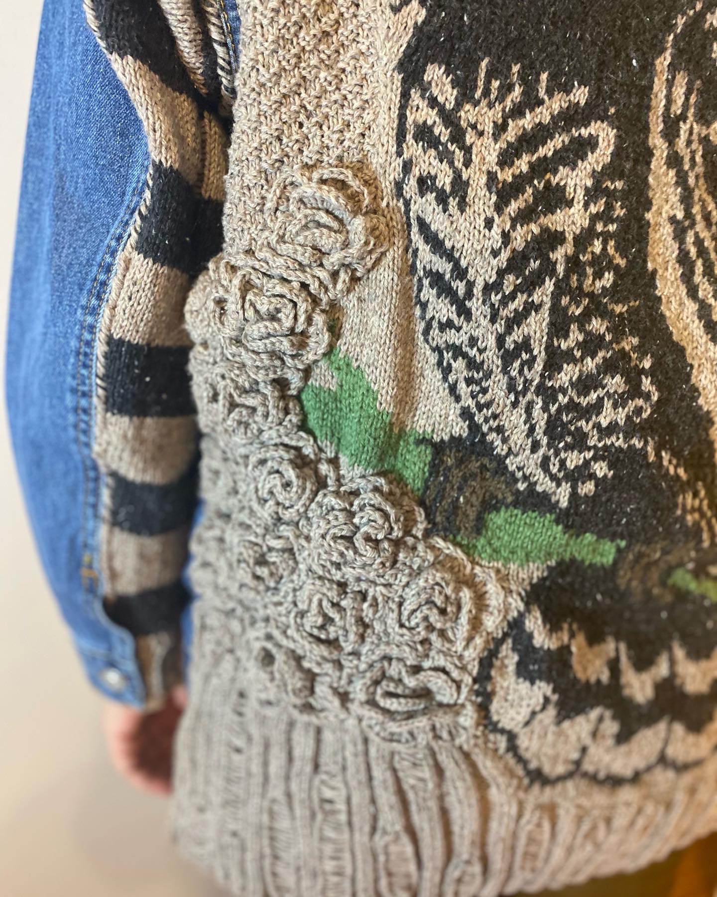 A30C32C1-9B5C-454D-927C-C34C4D9BDE6B.Handknit Patchwork denim jean jacket with owl