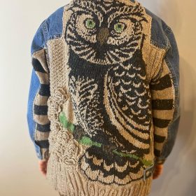 El Örgüsü Baykuşlu Patchwork Yün Tasarım Kot Ceket Mont