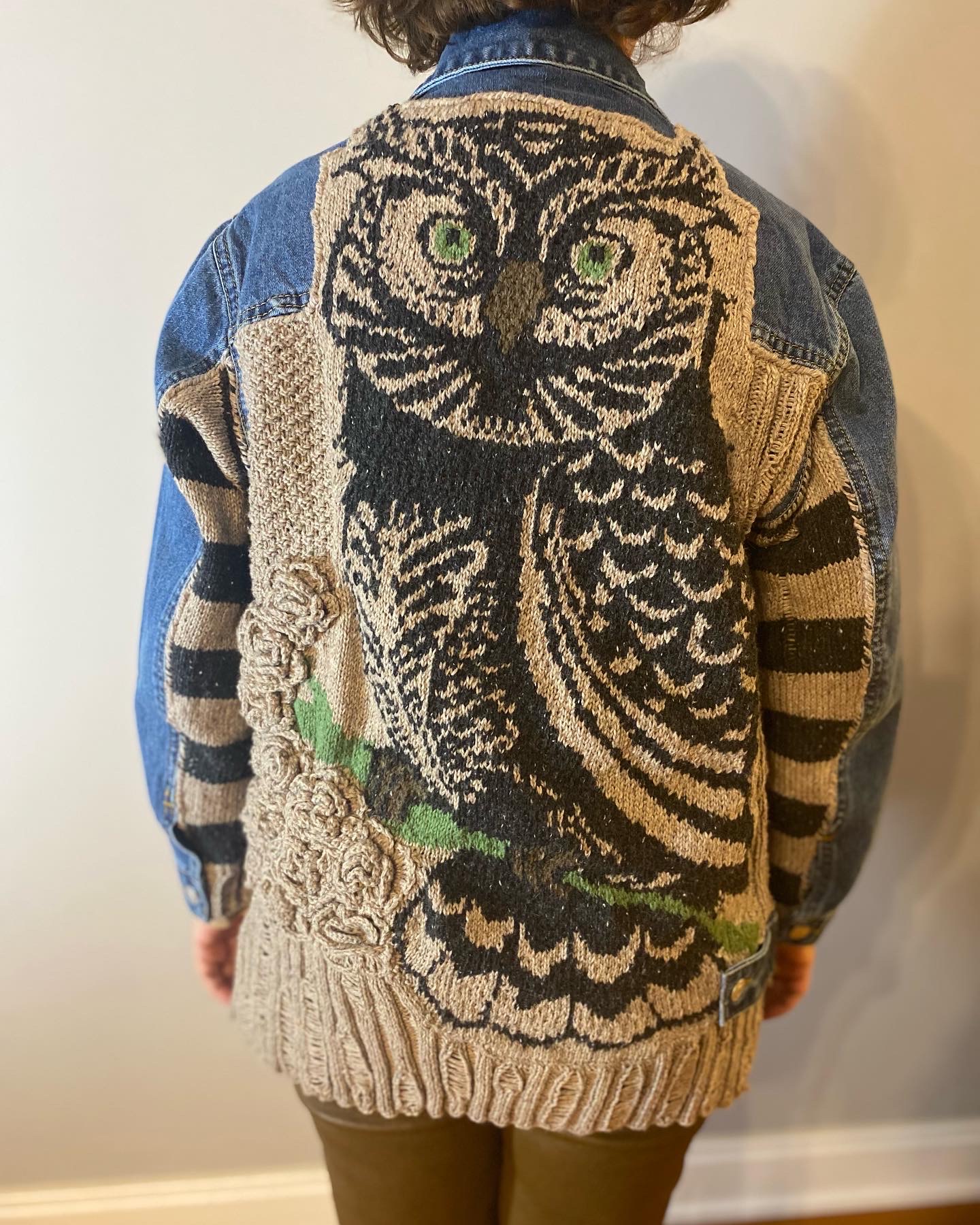 El Örgüsü Baykuşlu Patchwork Yün Tasarım Kot Ceket Mont
