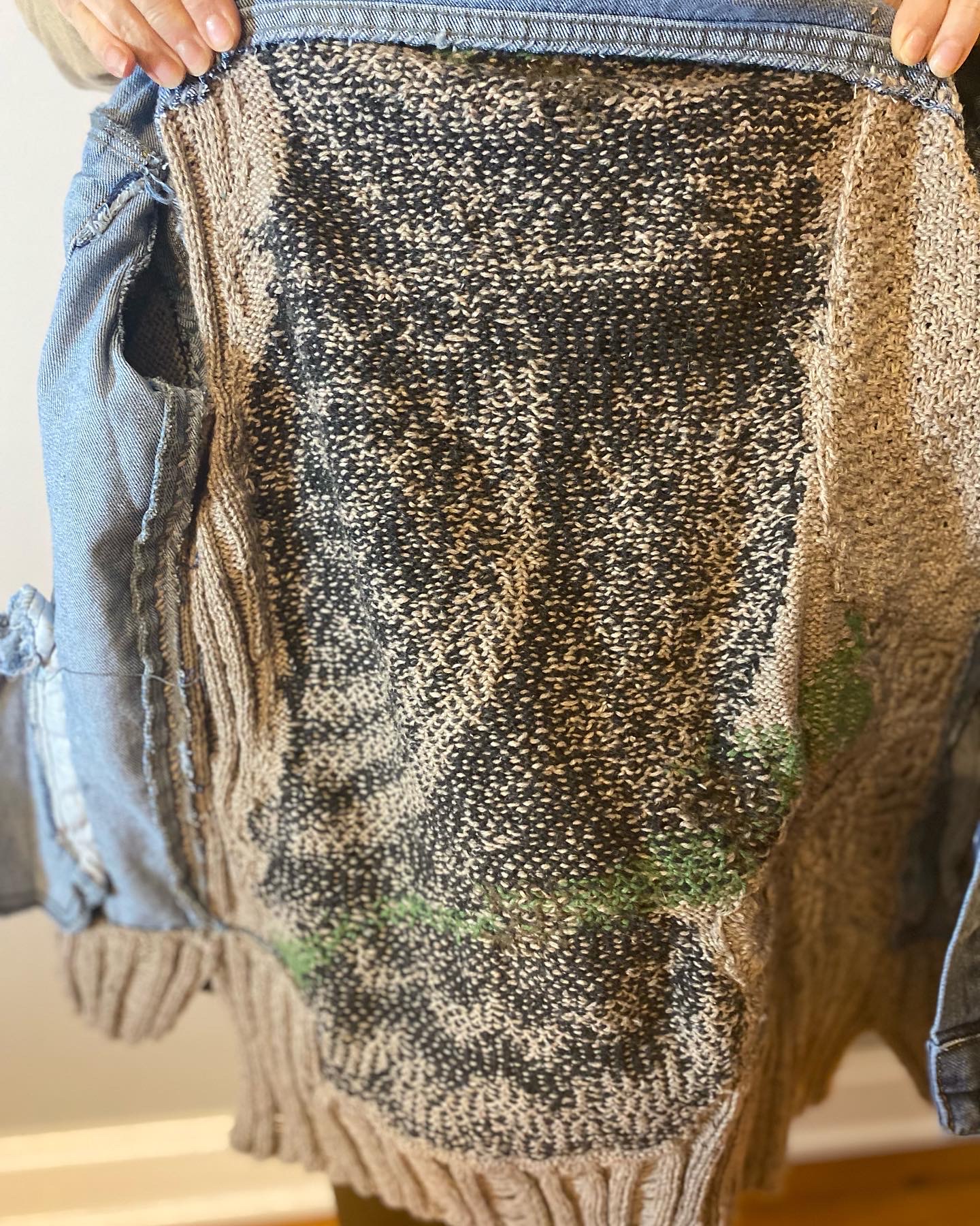 DA6766A7-B844-496A-A61E-F6321AB70B3B.Handknit Patchwork denim jean jacket with owl