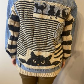 El Örgüsü Kedili Patchwork Yün Tasarım Kot Ceket Mont