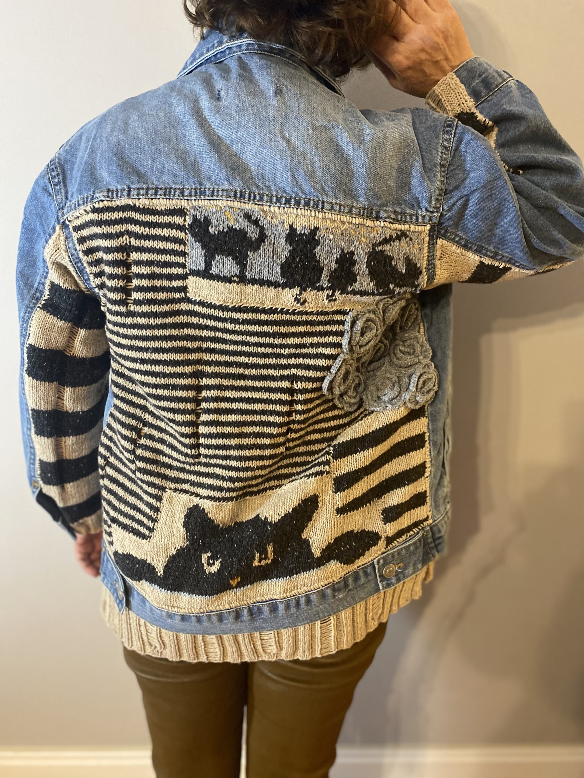 IMG-8172.Handknit Patchwork jean jacket with cat