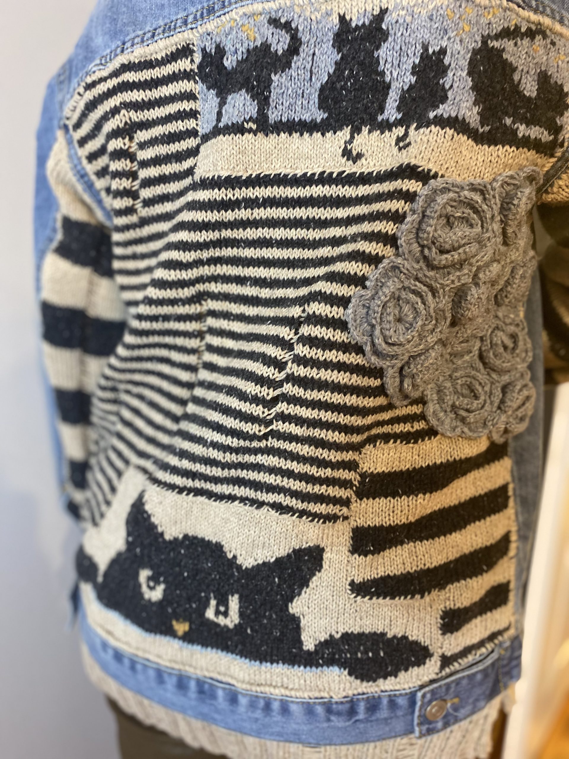 IMG-8174.Handknit Patchwork jean jacket with cat