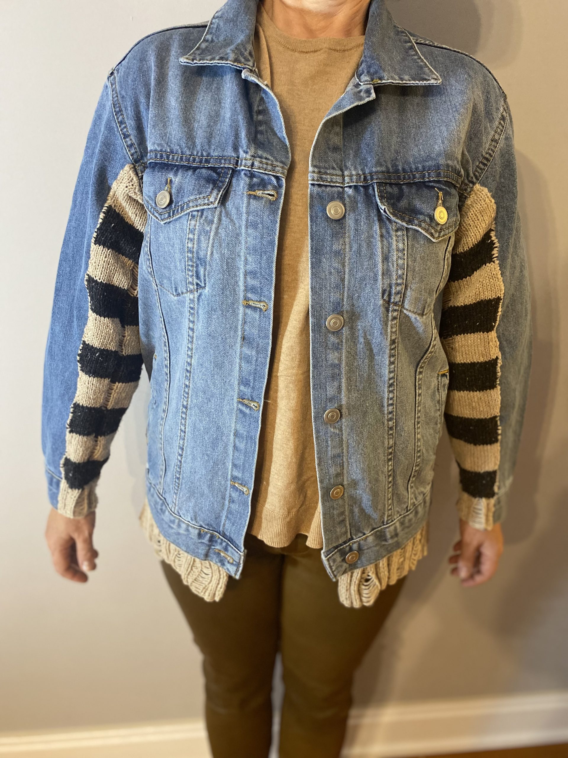 IMG-8176.Handknit Patchwork jean jacket with cat