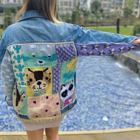 El Örgüsü Çok Desenli Patchwork Koton Tasarım Kot Ceket Mont