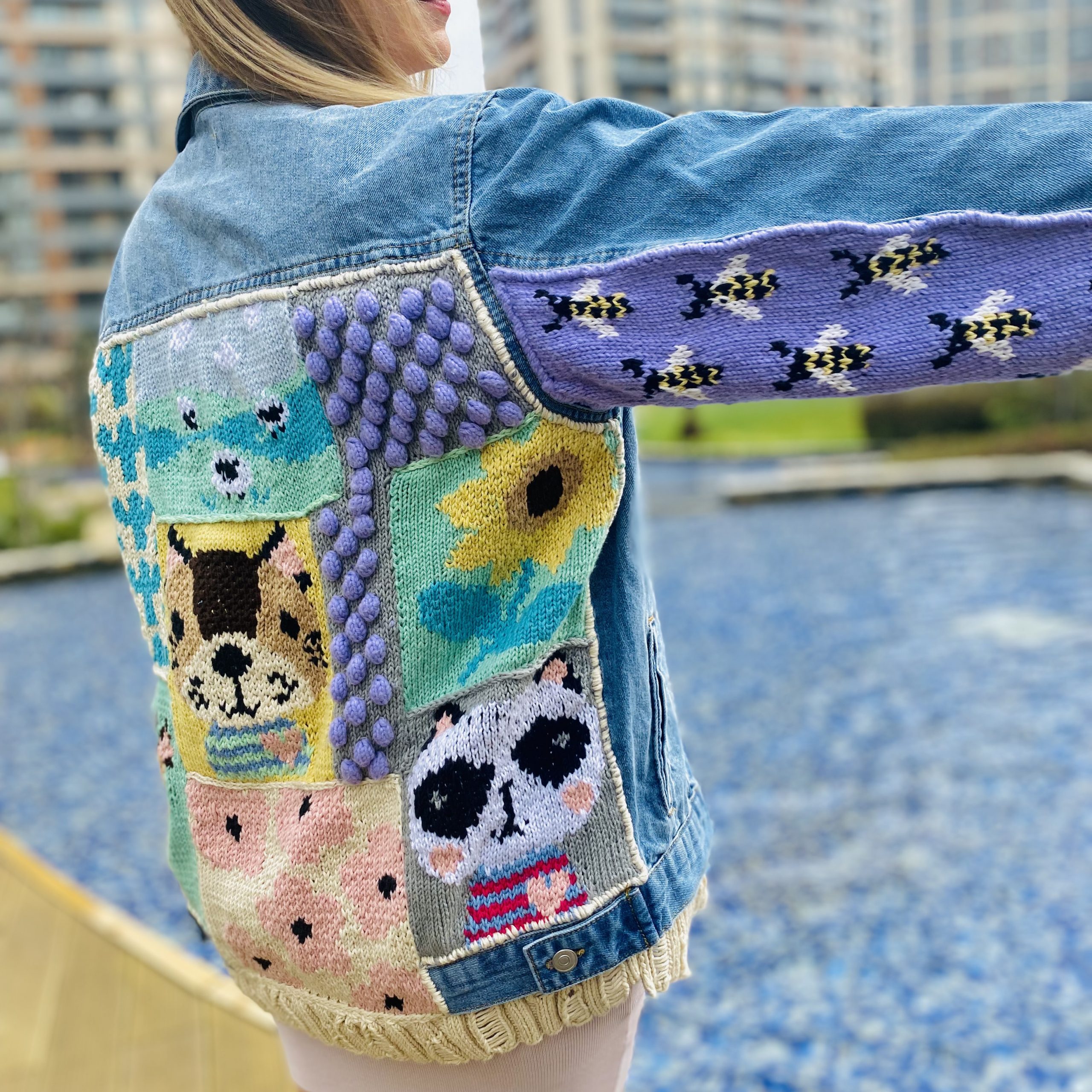 IMG-9135.Handknit patchwork cotton jean denim jacket