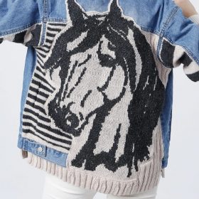 Hand‑Knitted Horse Motif Patchwork Wool Denim Jacket
