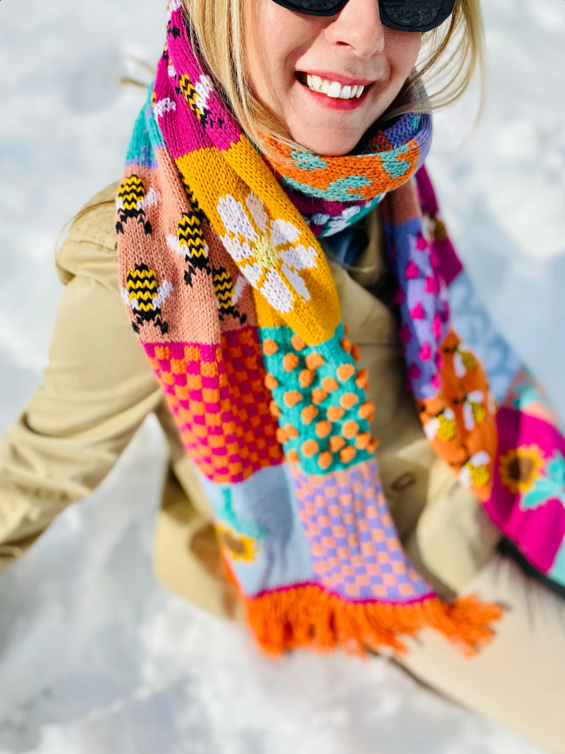Handknit Colorful Patchwork Scarf, Granny Square Oversize Scarf, Crochet Statement Wrap, Bold Boho Winter Shawl, Gift for Her