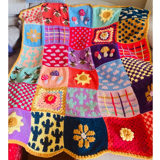 Hand‑Knitted Velvet Patchwork Chunky Throw Blanket