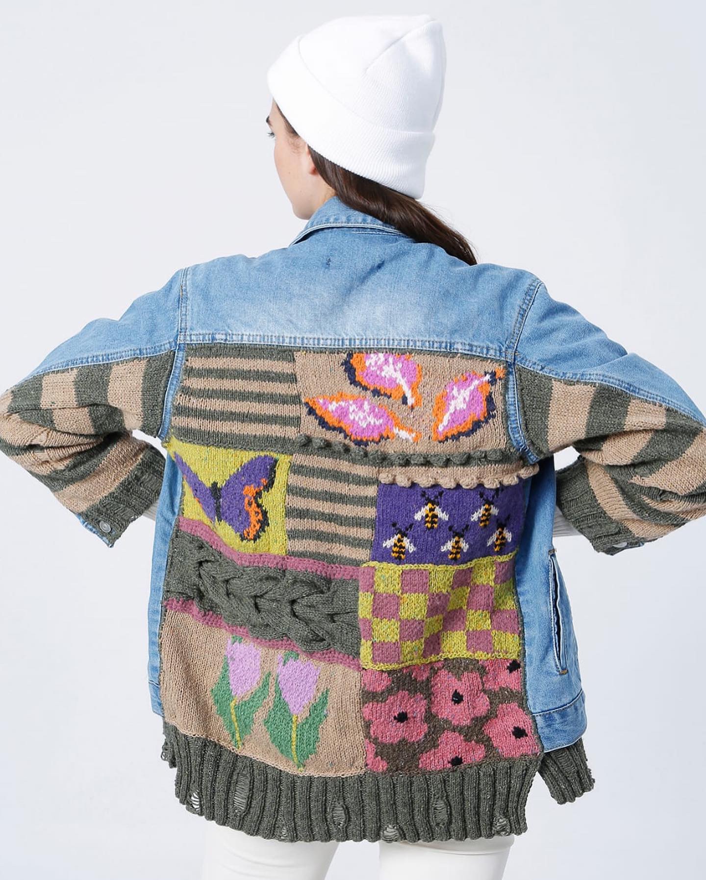 Hand-Knitted Multi-Pattern Patchwork Wool Denim Jacket
