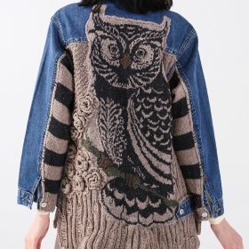 Hand‑Knitted Owl Motif Patchwork Wool Denim Jacket
