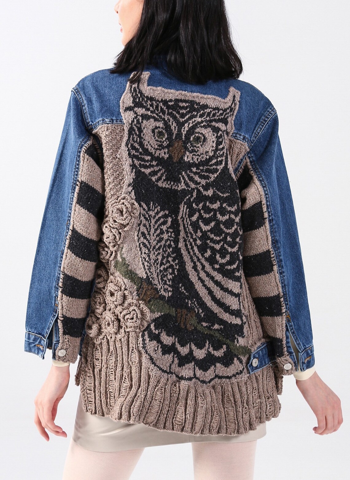 Hand‑Knitted Owl Motif Patchwork Wool Denim Jacket