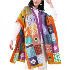 Patchwork Knit Wool Poncho