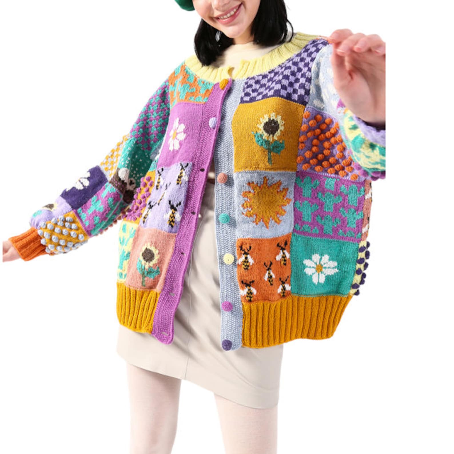 Patchwork Knit Cardigan, Granny Square Oversized Colorful Angora Wool Sweater, Crochet Flower Jacket, Knitted Rainbow Jacket, Christmas Gift