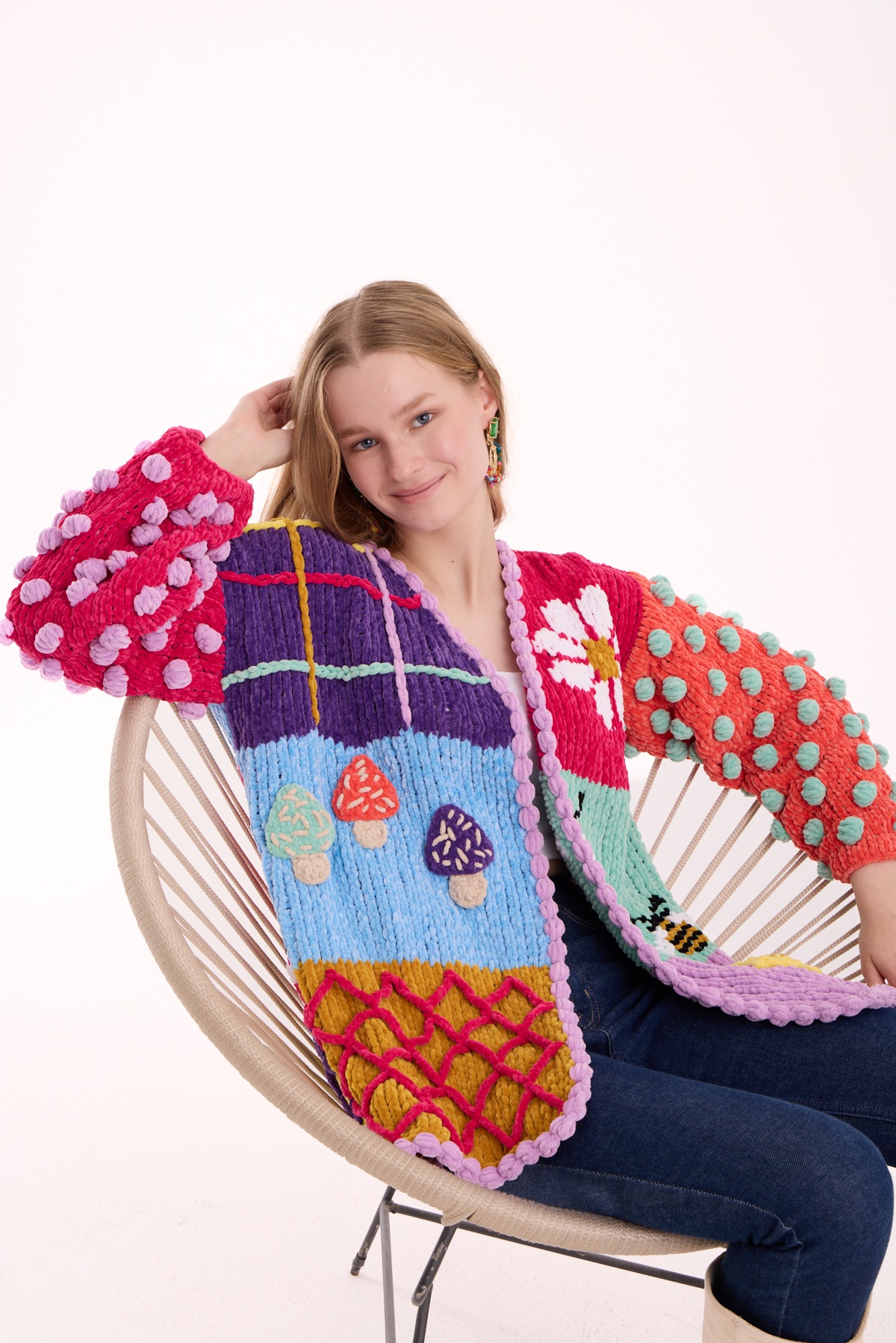 El Örgüsü Kadife Patchwork Hırka