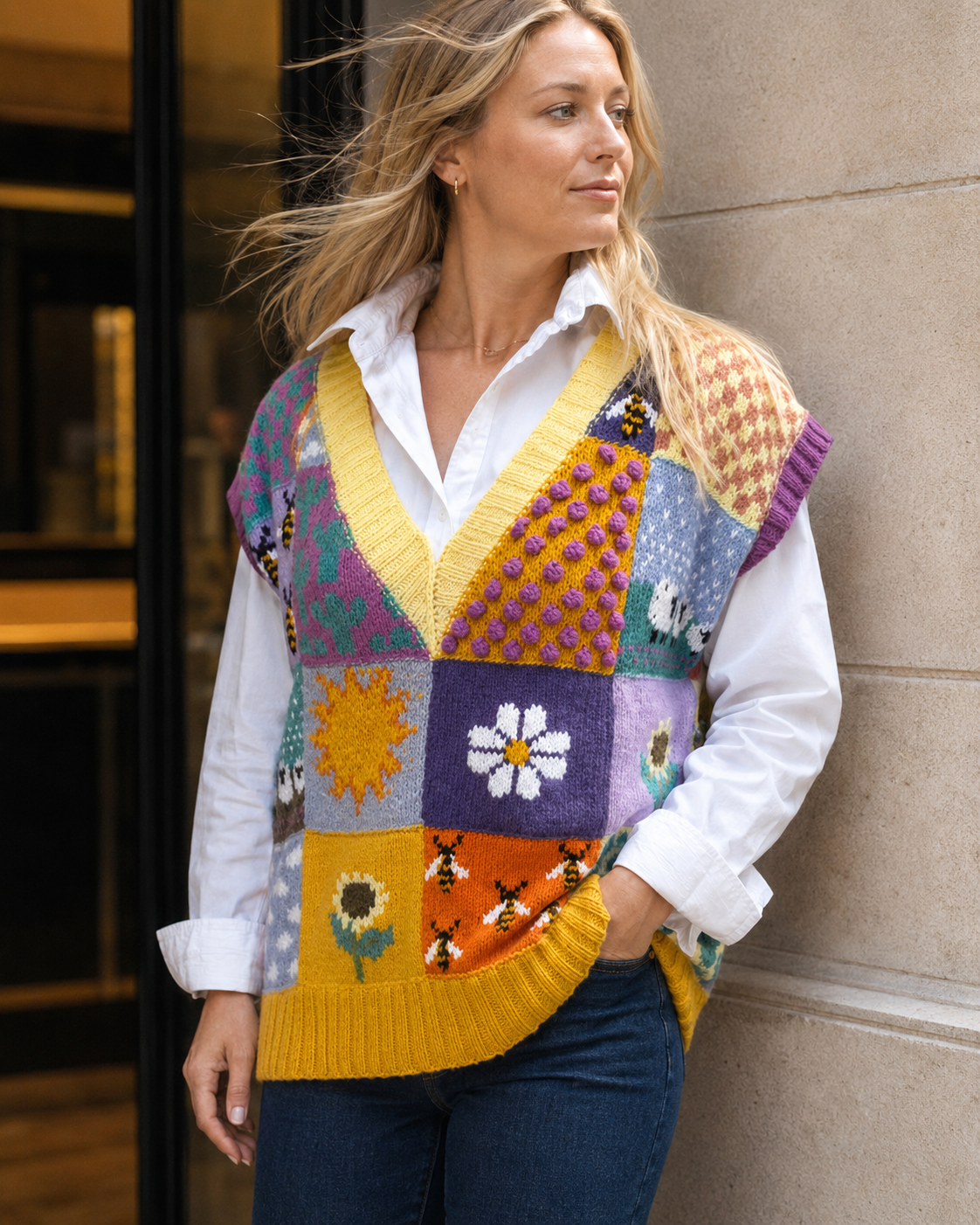 El Örgüsü Patchwork Yün Süveter - Görsel 5