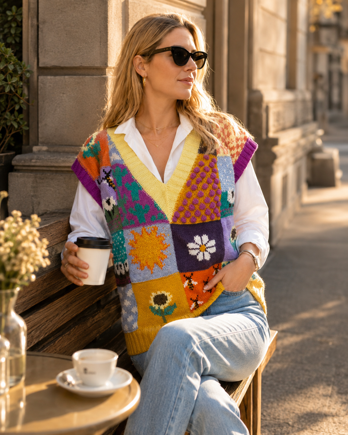 El Örgüsü Patchwork Yün Süveter - Görsel 7