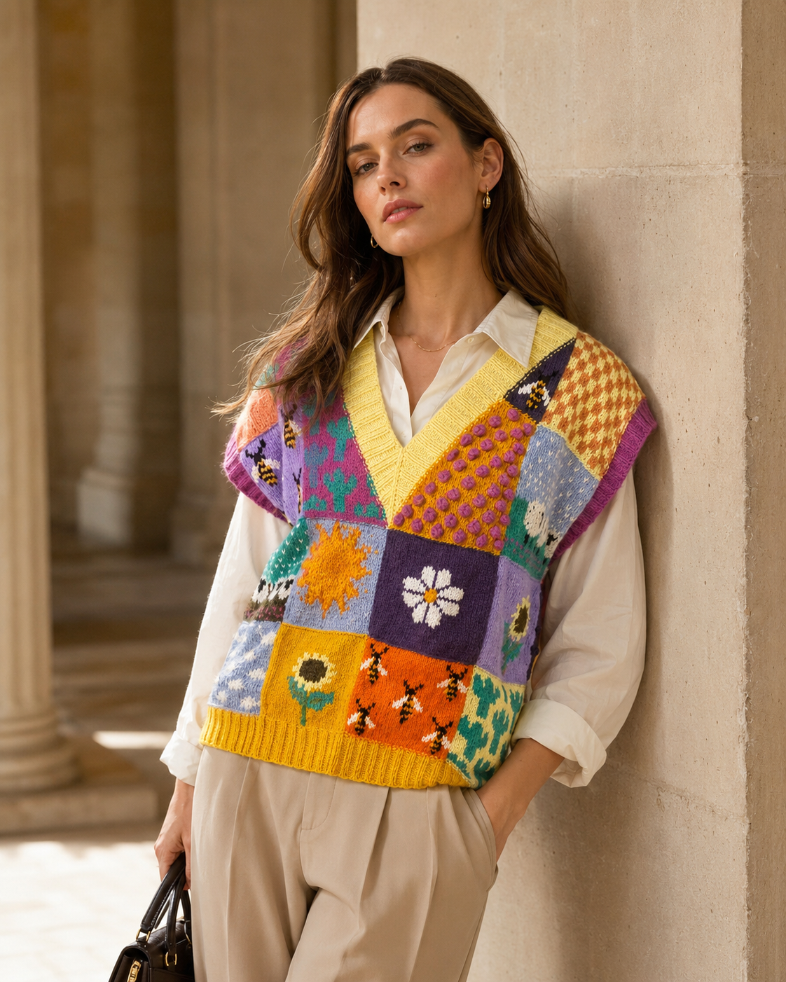 El Örgüsü Patchwork Yün Süveter - Görsel 6