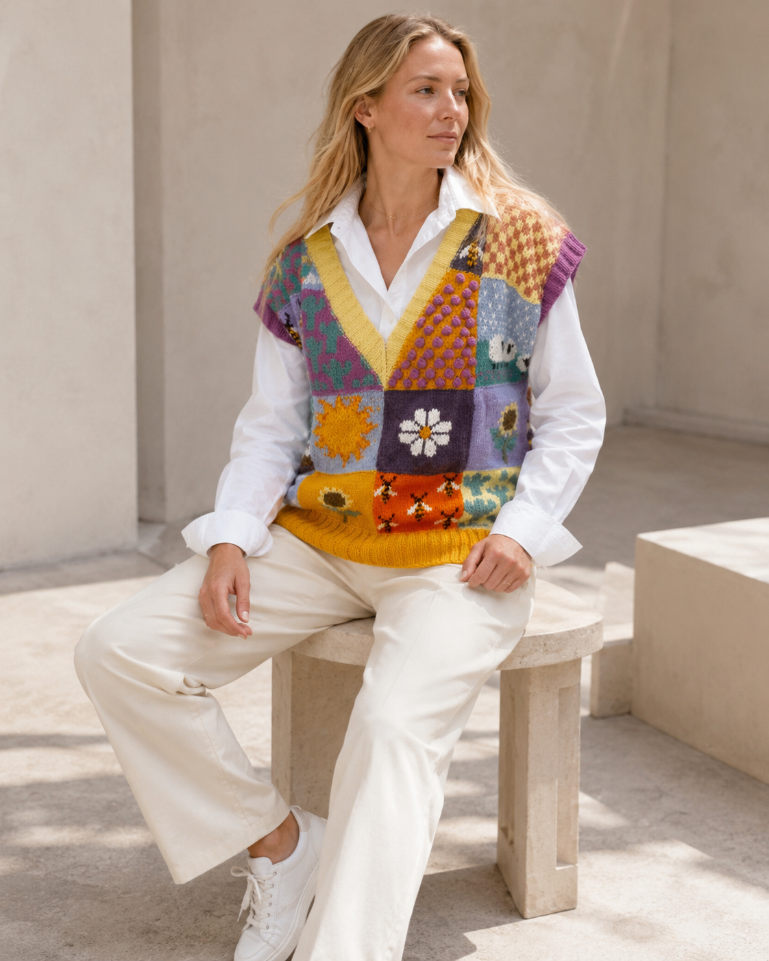 El Örgüsü Patchwork Yün Süveter - Görsel 4
