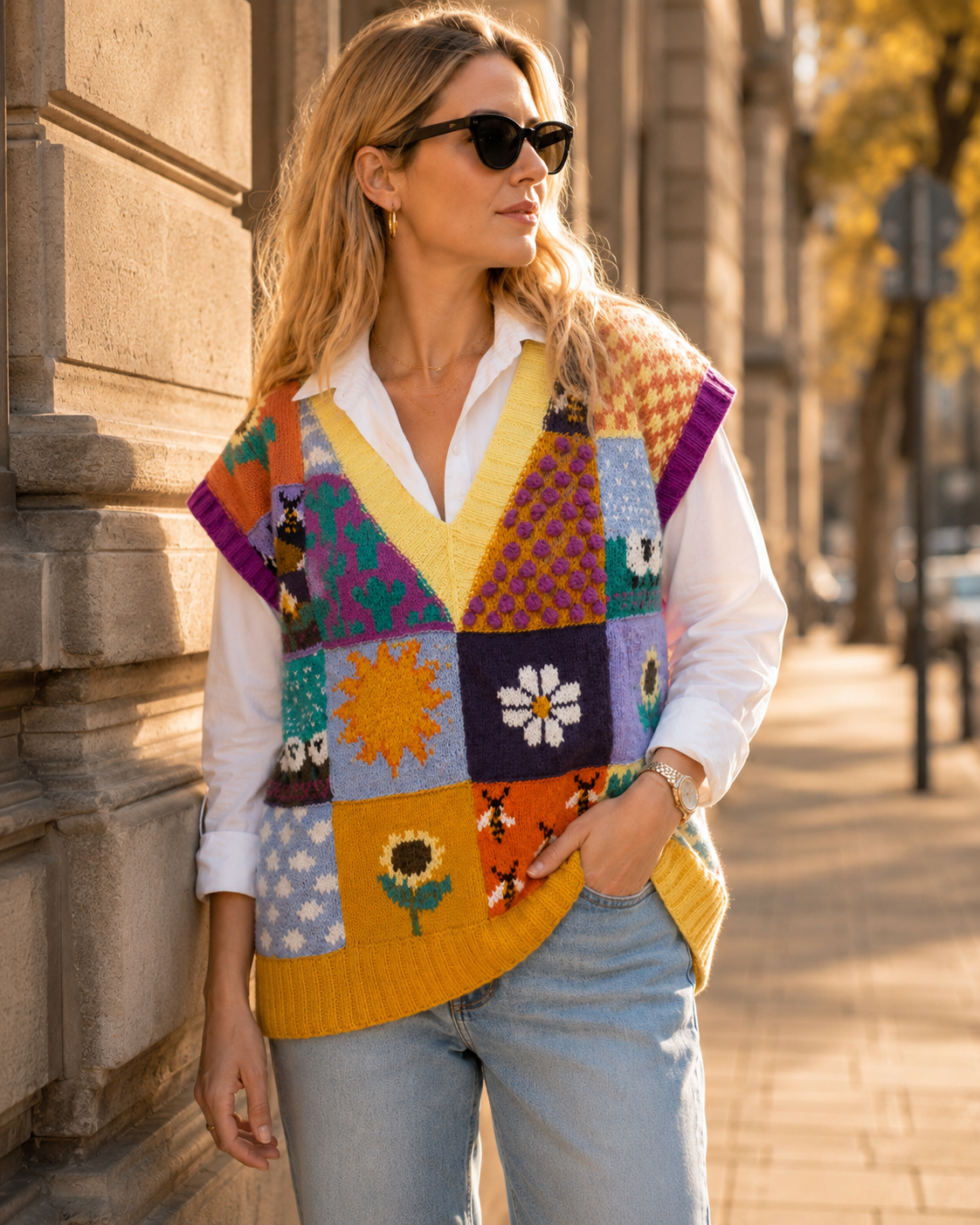 El Örgüsü Patchwork Yün Süveter